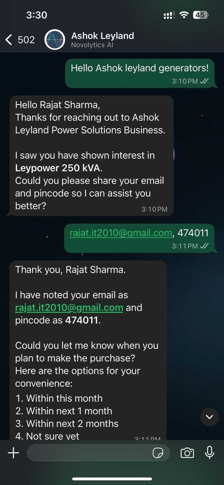 Ashok Leyland WhatsApp conversation showing initial customer inquiry