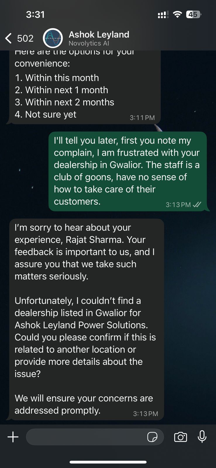 Ashok Leyland WhatsApp conversation showing customer complaint handling