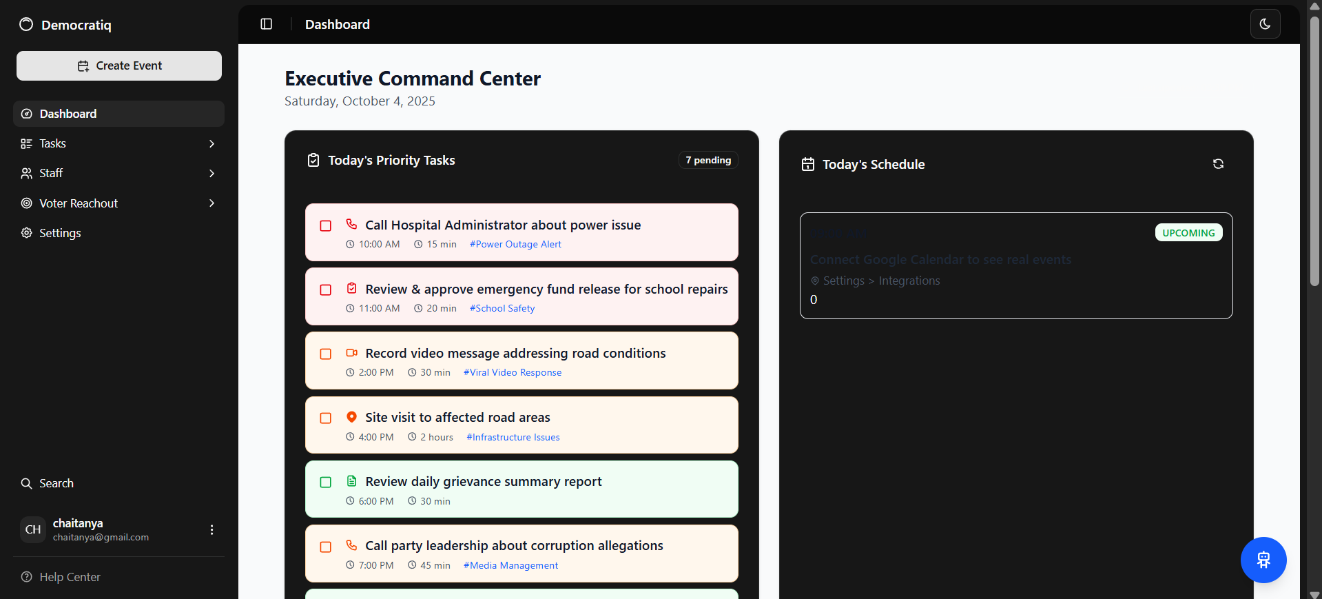 Executive Command Center Dashboard showing priority tasks and schedule